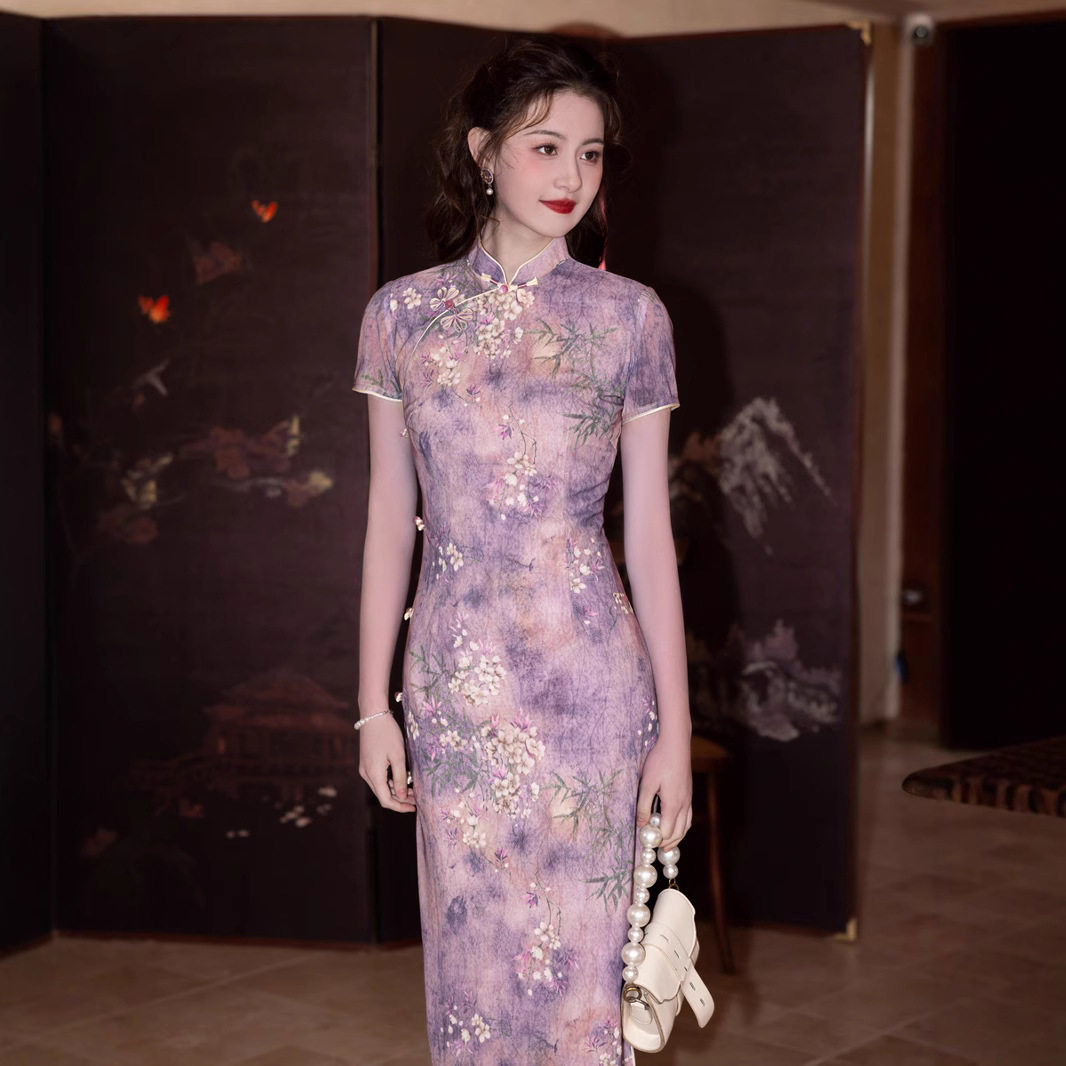 M风吟紫语 绝美紫色年轻款旗袍春夏新款新中式女日常可穿修身