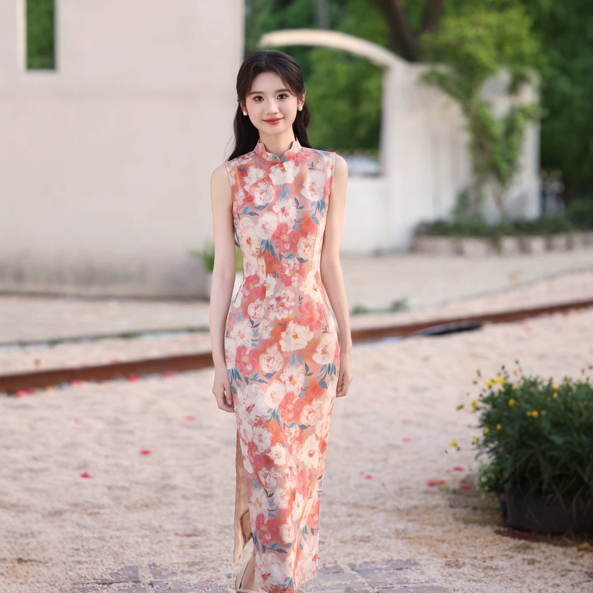 M绝美粉色旗袍花卉新中式花瓣领国风年轻款2026夏日常少女连衣裙