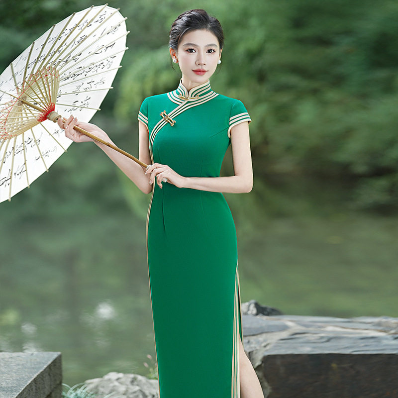 Y走秀旗袍三线边超长款妈妈修身气质中国风舞台演出服