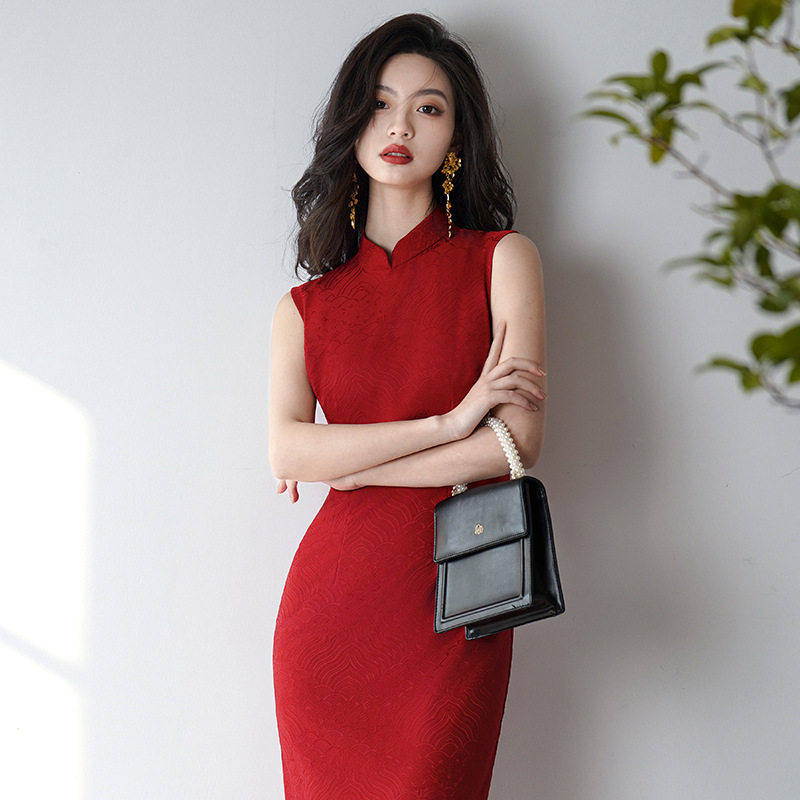 3444新中式红色送考旗袍新娘订婚敬酒服简约气质连衣裙春夏新款