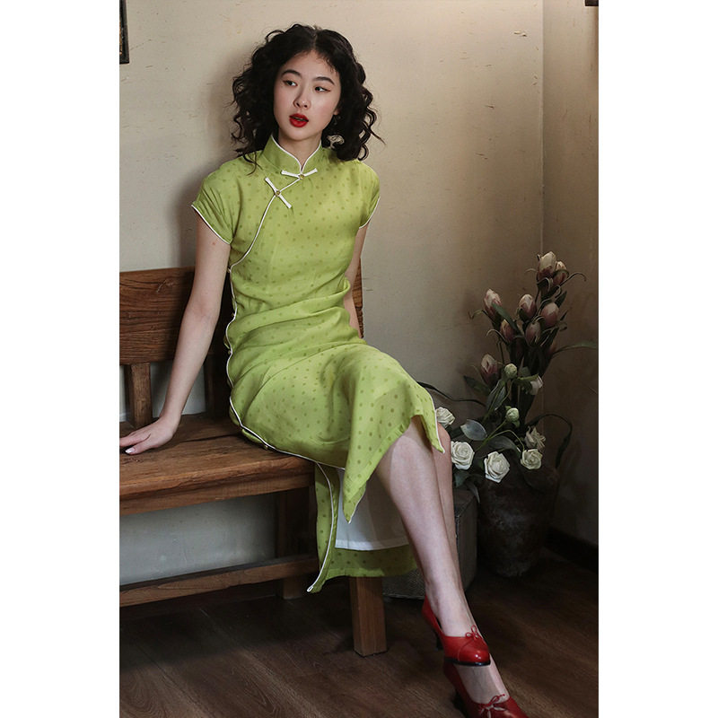 L清新甜美《圆舞曲》古法新中式日常改良复古全开襟长款旗袍裙夏