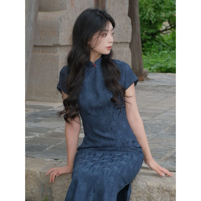 L页尾诗旗袍新中式改良年轻款少女感新款文艺提花夏季蓝色民国风