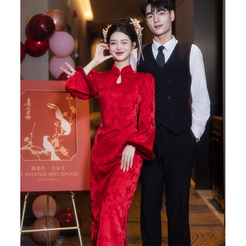 3241秋冬季加绒加厚提花新娘敬酒服中式红色旗袍结婚订婚长袖礼服