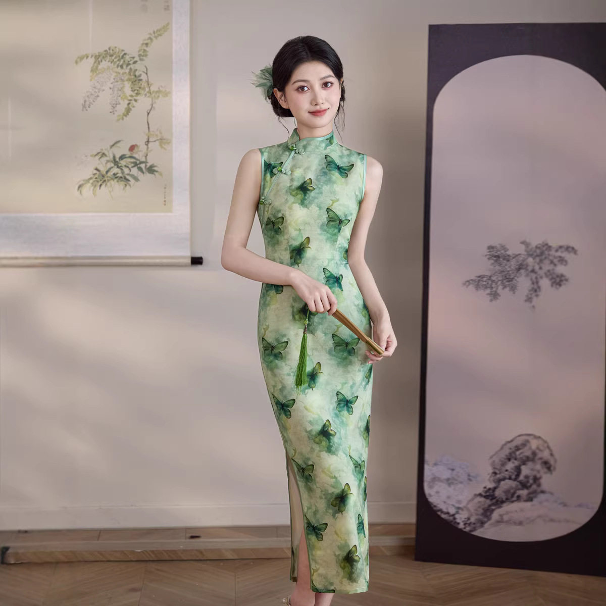 M复古晕染绿色蝴蝶印花无袖旗袍长款开叉改良新中式连衣裙气质