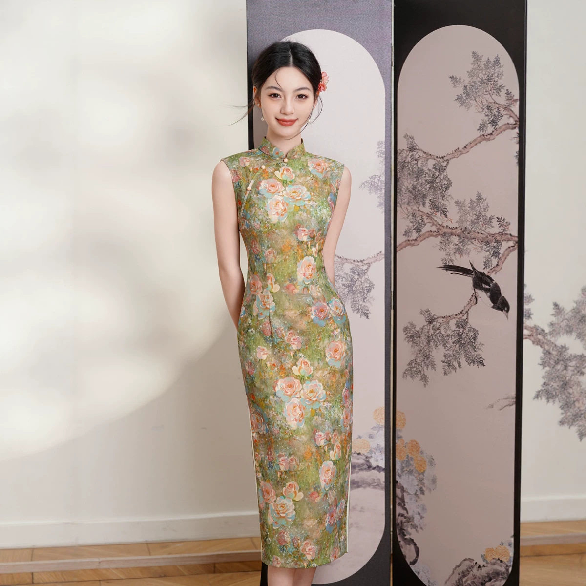 M绿色油画花卉印花新中式国风年轻款绝美旗袍日常连衣裙2026夏季