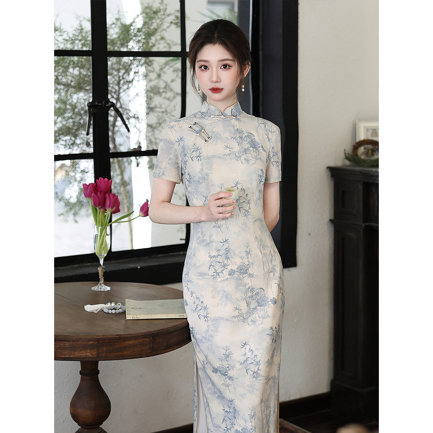 L新中式复古蓝色水墨旗袍女改良日常气质长款淑女风连衣裙2026