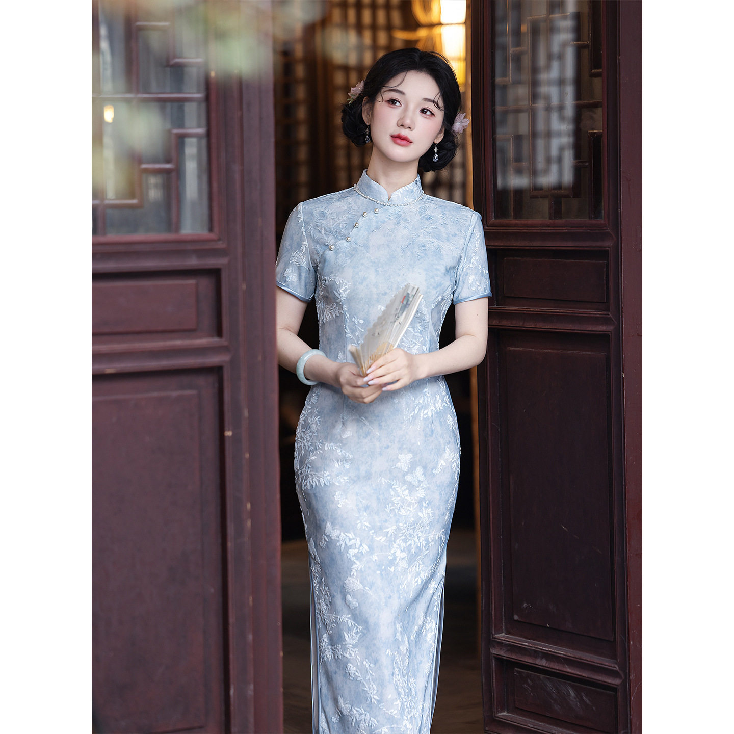 L新中式改良蓝色旗袍女短袖显白2026新款复古风日常年轻款气质