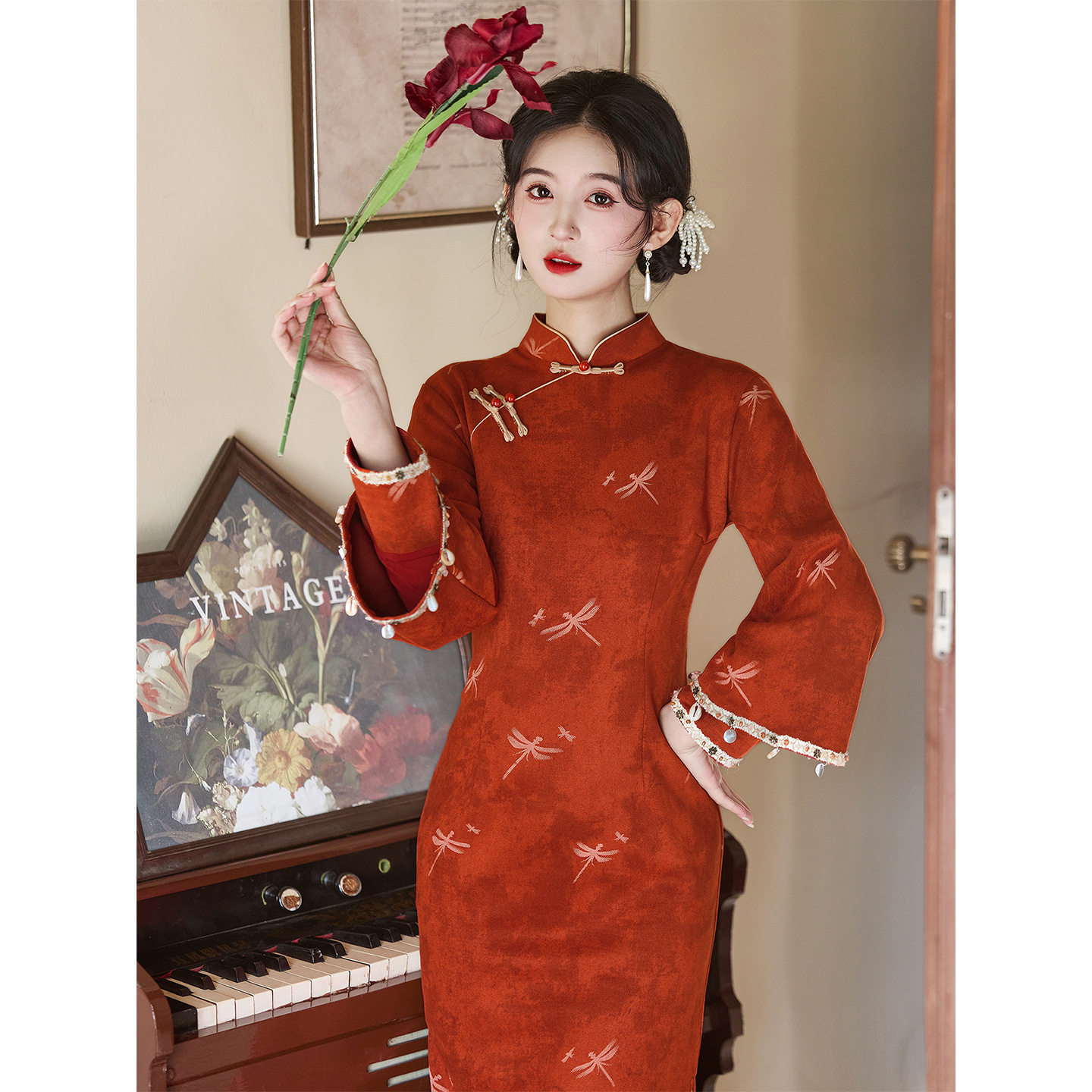 L3996秋冬桔红色麂皮绒倒大袖蜻蜓旗袍新中式改良年轻款少女
