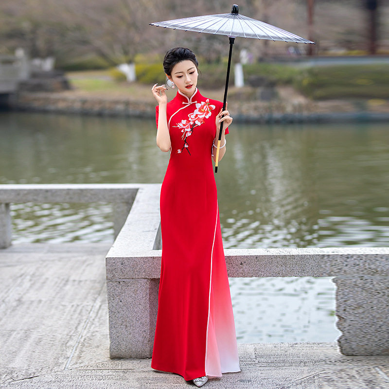 Y奥黛旗袍连衣裙舞蹈服妈妈装走秀渐变旗袍演出服雨后