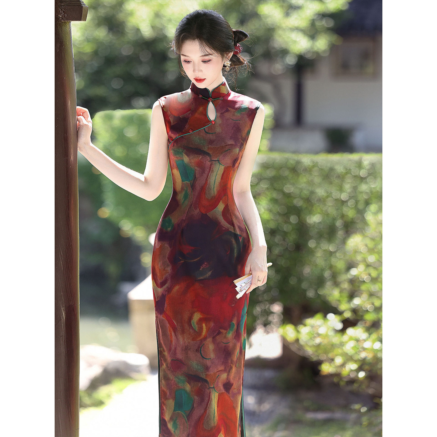 L新中式旗袍夏季无袖晕染花色修身绝美连衣裙2026新款年轻款