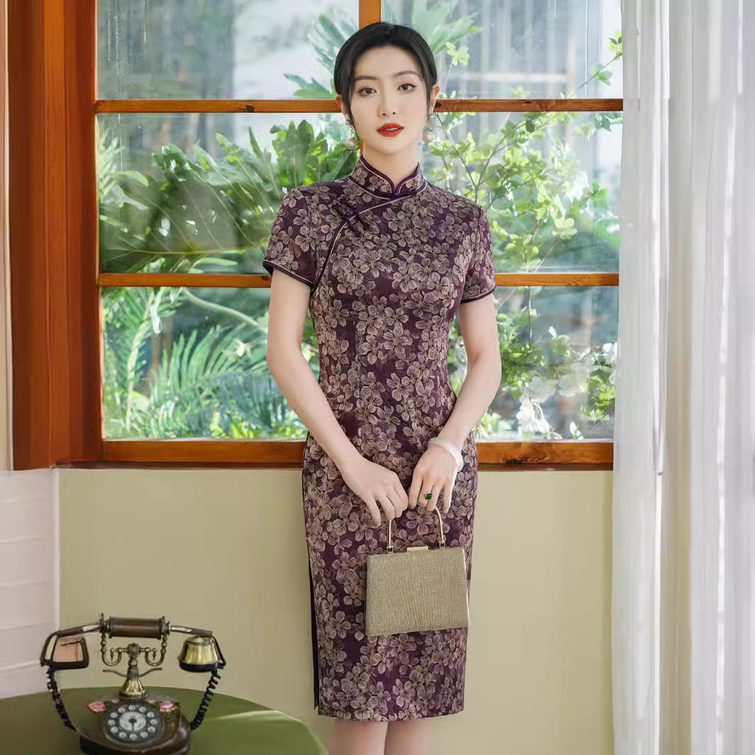 M中式旗袍女夏季短袖改良中长款大码旗袍妈妈日常修身