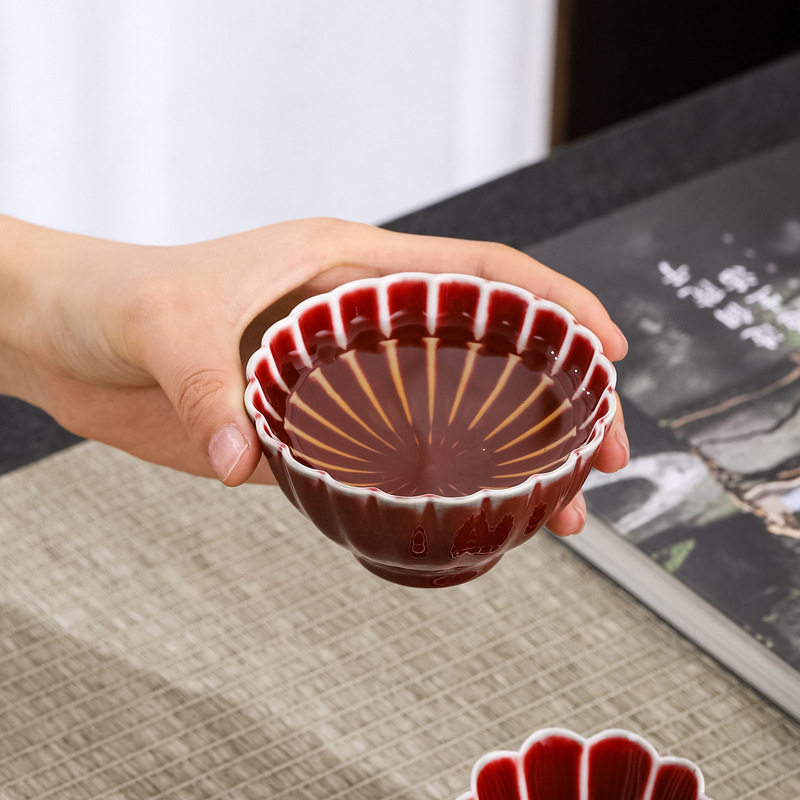 原矿红釉郎红花边杯个人杯茶杯陶