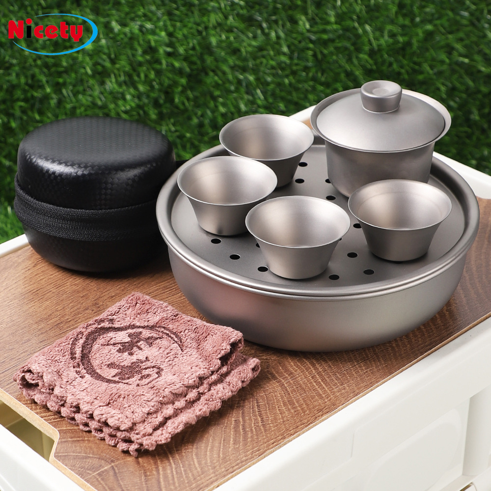 纯钛茶具茶盘一整套功夫盖碗套装户外便携家用泡茶伴手礼双层茶杯