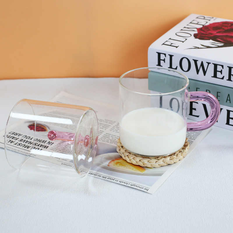 彩色高硼硅粉色玻璃杯家用简约餐桌泡茶杯子通用把手粗把手杯子