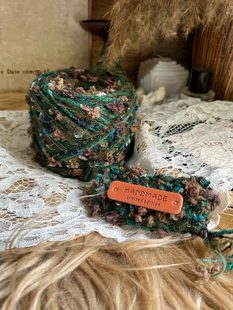 咿唔手混线-油画色系森绿棕复古色钩针棒针编织毛线帽子包包发圈