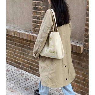 Own原创刺绣 米黄纱卡棉单肩圆角包 苹果绿刺绣帆布包袋 Our