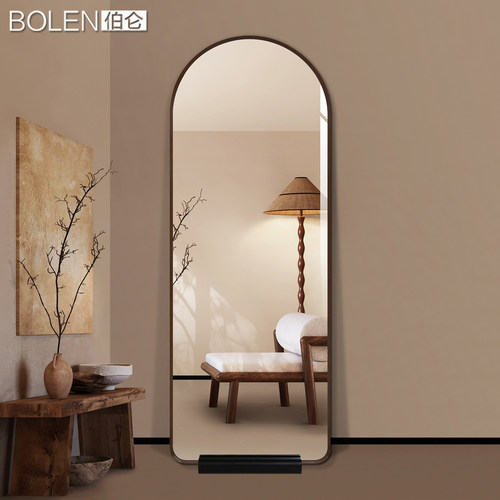 BOLEN 超白全身镜中古风穿衣镜拱形挂墙试衣镜胡桃木色装饰镜子