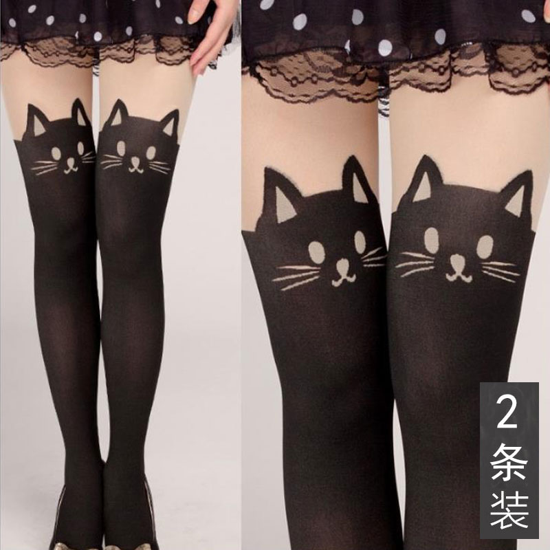 日系假高筒过膝假大腿卡通猫咪尾巴拼接丝袜夏季薄款女打底连裤袜