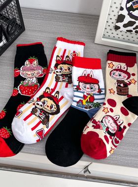 4双网红黑色系袜卡通Tycoco女袜LABUBU短袜拉布布袜子中筒袜包邮