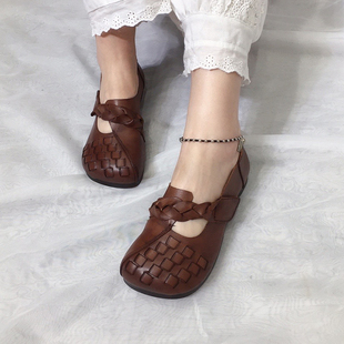 魔术贴大圆头软底浅口单鞋 新款 2026春季 艺鞜复古编织真皮手工女鞋