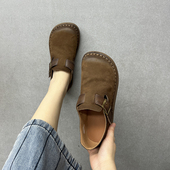 艺鞜2026年春季 皮带扣妈妈鞋 新款 真皮平底圆头手工T字休闲单鞋