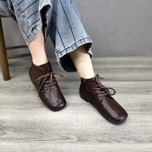 手抓纹真皮方头单鞋马丁靴