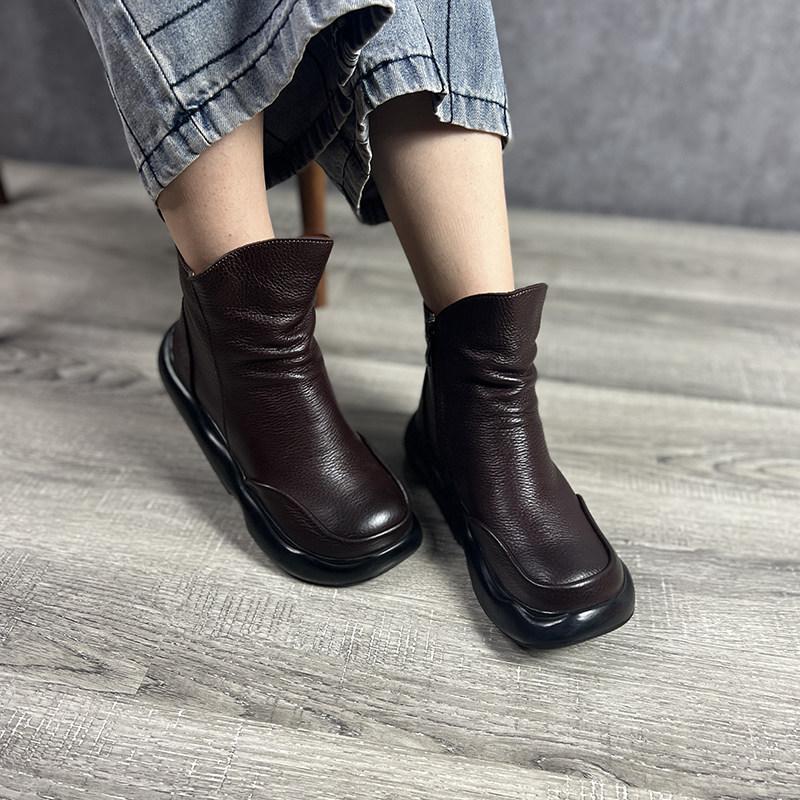 艺鞜2026年冬季新款真皮加绒褶皱大头瘦瘦靴侧拉链软底保暖短靴女,女鞋,马丁靴,淘宝优惠券,粉丝福利购,淘宝优惠卷