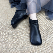 艺鞜2026年秋季 新款 真皮方头平底切尔西懒人套脚短靴高帮踝靴女