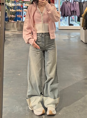 Adidas三叶草26年春季女子复古脚宽松阔腿裤牛仔长裤KW4518KW4517