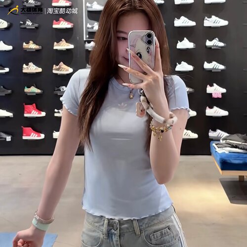 Adidas三叶草26年夏女子修身花边蓝白色运动短袖T恤KE1107 KE1108