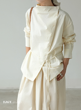 印计谷羽 设计师原创堆堆领长袖衬衫女秋百搭斜排扣衬衣上衣F1006