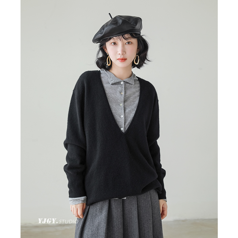 印计谷羽 V领套头纯羊毛针织衫女秋冬季纯色宽松毛衣外搭上衣F962