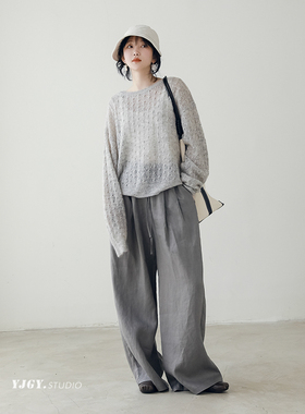 印计谷羽 设计感小众高腰亚麻阔腿裤女2024新款显瘦松紧长裤F840