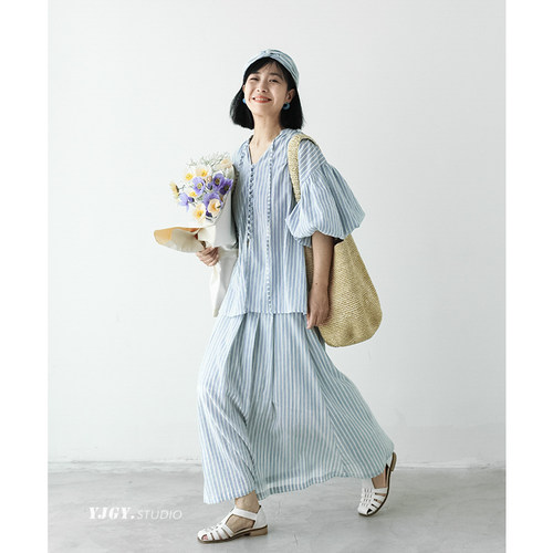 印计谷羽 设计师原创 蓝条纹上衣女宽松显瘦夏半裙泡泡袖衬衫F620