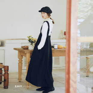 宽松连衣裙文艺小黑裙 长款 印计谷羽 黑色木耳花边背带裙女春夏季