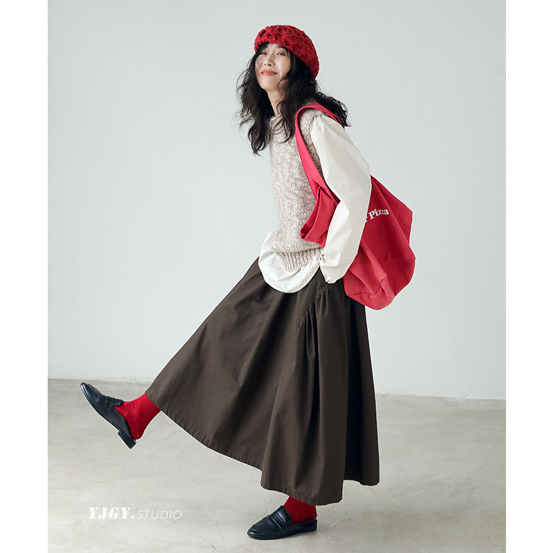 印计谷羽 文艺复古森系短款外搭磨毛马甲女2024秋新款半身裙F1013