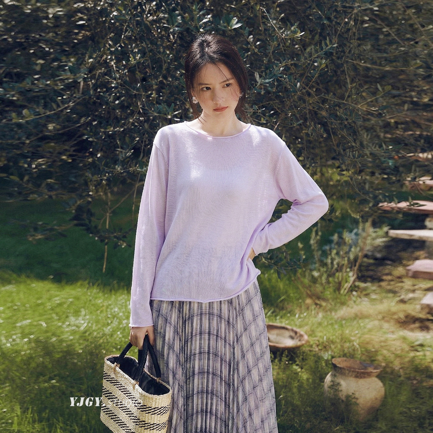 印计谷羽 纯色一字领薄款透气天丝针织衫春夏季长袖T恤上衣防晒衫