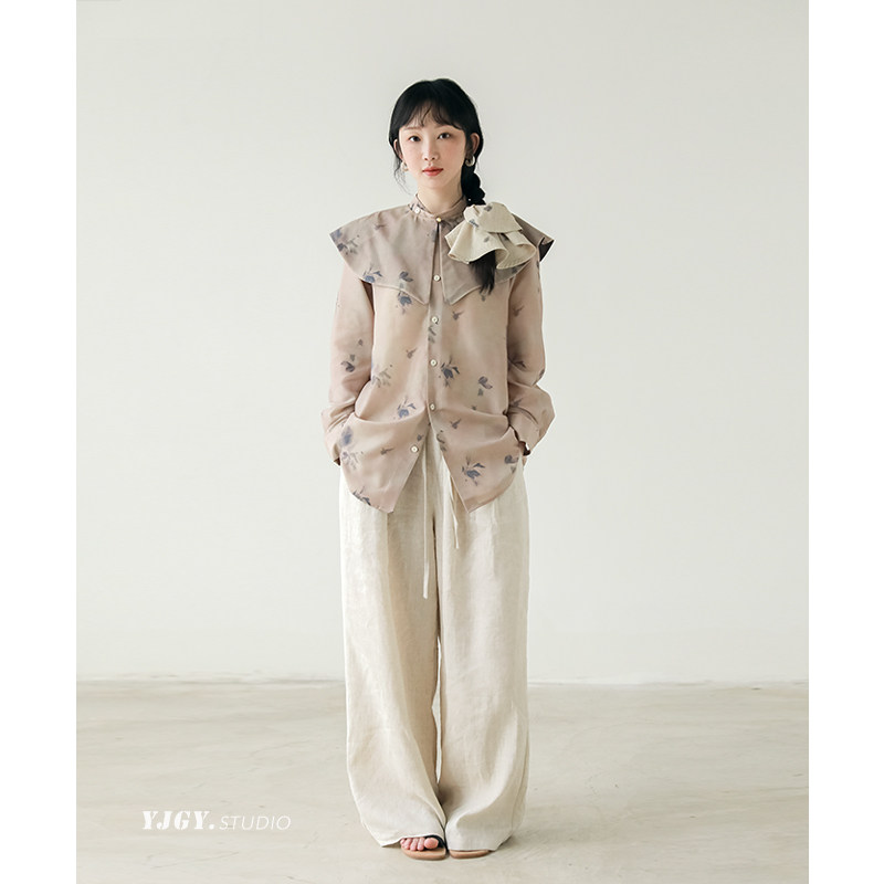 印计谷羽 植物染印花新中式衬衫女2024新款轻薄透气百搭上衣F874