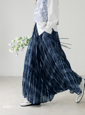 印计谷羽 设计感复古格纹半身裙女秋冬新款文艺显瘦大摆长裙F1051