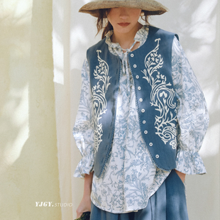 印计谷羽静谧蓝色花卉绣花马甲春季 坎肩马夹外套 叠穿上衣复古无袖