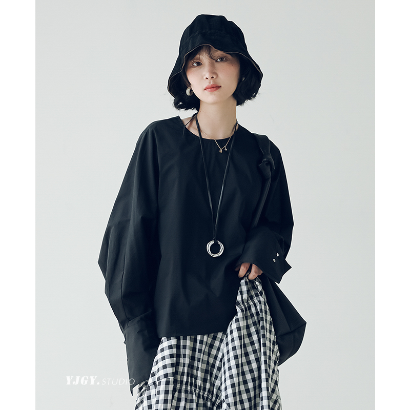 印计谷羽连肩袖圆领套头衬衫