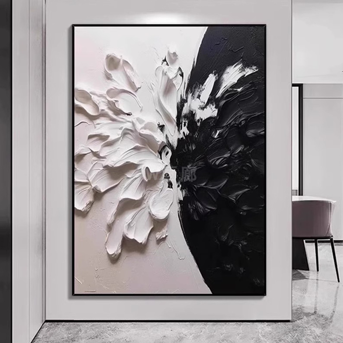 黑白抽象花卉玄关装饰画现代客厅沙发背景墙别墅壁挂画大幅图片