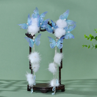 女孩汉服头饰可爱毛球发夹流苏女童发饰儿童古装跳舞仙气对夹饰品