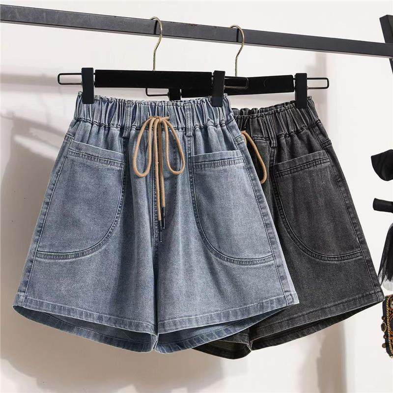 大码高腰胖mm200斤牛仔短裤女夏季宽松显瘦弹力热裤松紧腰阔腿裤