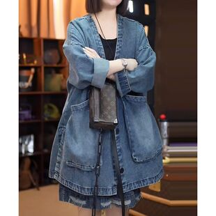 胖mm春秋欧货高档阔版 遮肉遮胯宽松范外穿 大口袋固色牛仔外套大码