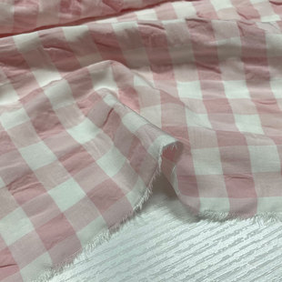 进口100%纯棉粉色格子泡泡纱布春夏薄柔软全棉衬衫连衣裙童装面料