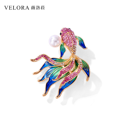 七彩珐琅天然珍珠镶钻锦鲤胸针