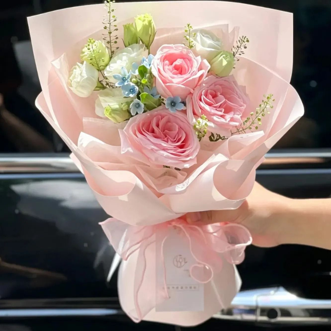 3朵粉荔枝玫瑰洋桔梗鲜花花束同鲜花速递(同城)