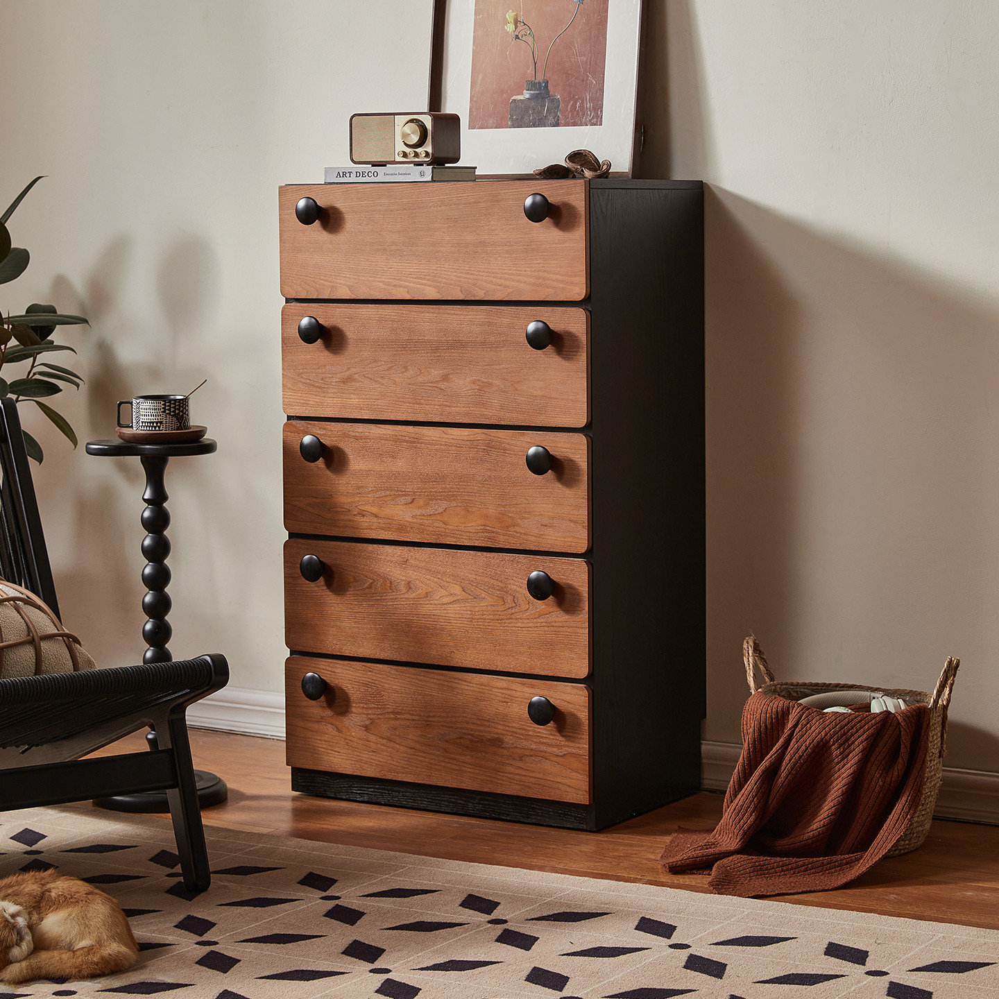 奈斯/法式复古中古风实木五斗柜储物柜靠墙卧室胡桃色客厅玄关柜