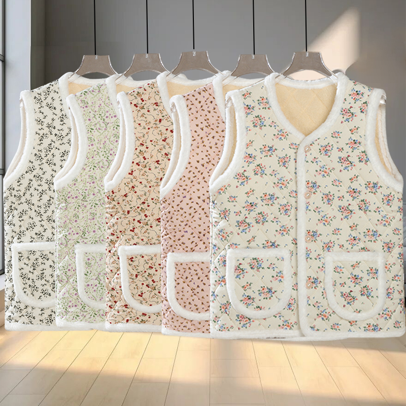 秋冬新款碎花马甲兔毛印花中青年棉服加绒加厚妈妈通勤百搭坎肩